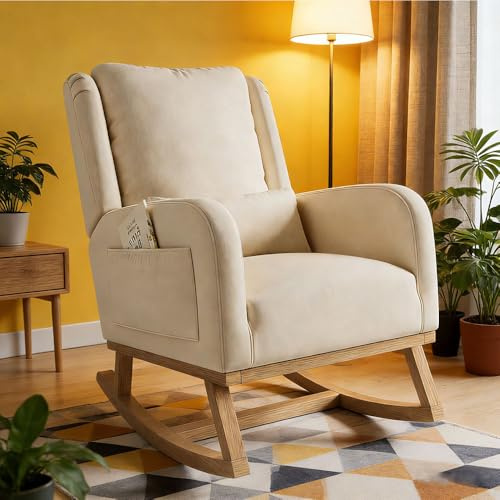 NSXSBUZ Schaukelstuhl mit Fußstütze, Sessel Relaxsessel Stillsessel Lesesessel mit Hocker und Seitentaschen, Schwingsessel mit Armlehnen und gepolsterter, Wohnzimmersessel, Lammwolle (Beige)