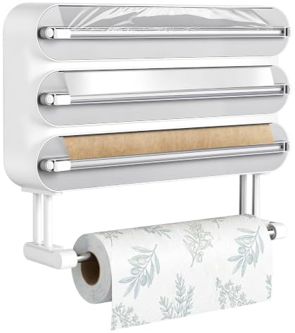 4 in 1 Wandrollenhalter mit Aluminium Folienschneider 4 Rollen Ohne Bohren Magnetisch Frischhaltefolienspender Küchenrollenhalter Wand Zwei Installationsmethoden