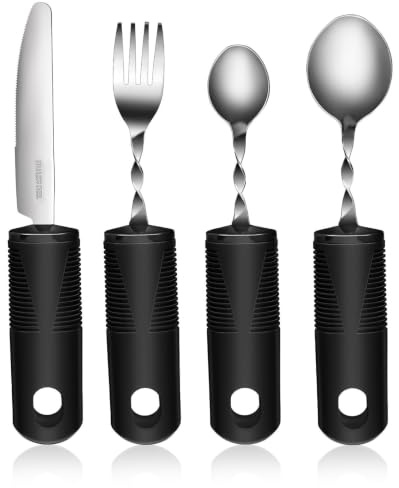 Set de Couverts Pliables Antidérapants en Acier Inoxydable 4 Pièces | Manche Texturé en Caoutchouc et Plastique, Noir, pour Personnes Âgées et Patients, Aide au Repas