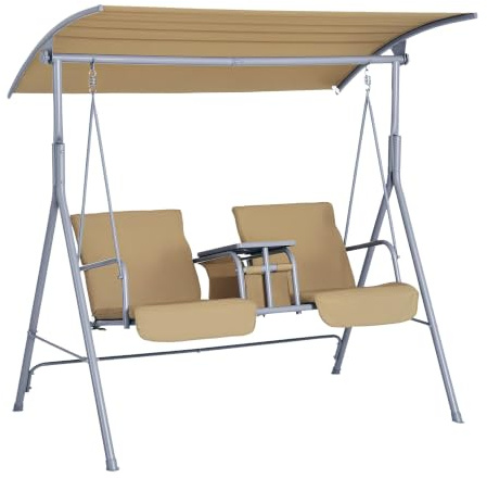 Outsunny Hollywoodschaukel Gartenschaukel Schaukel 2-Sitzer mit Sonnendach Beige 175 x 112 x 165 cm | Pivot Storage Table 2 Cup Holders Cushion for Patio Backyard