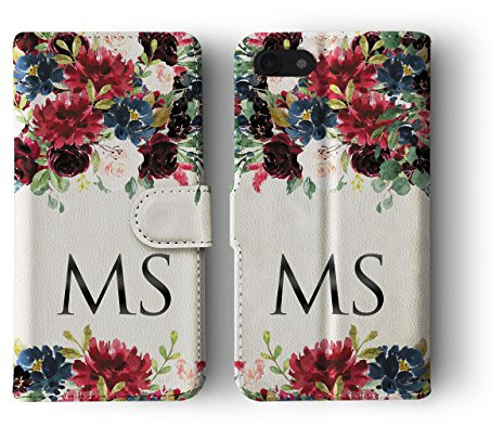 Tirita Personalised Initials Custom Wallet Leather Flip Phone Case Compatible with iPhone Xr PRINTED GLITTER, NOT REAL GLITTER Watercolour Floral Spring Summer Flowers Peony Roses