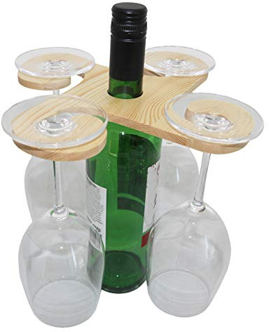 rukauf Weinflaschen und Gläserhalter aus Holz für 4 Gläser - Wein-Buttler Wine-Caddy Wein-Glas-Aufhänger Weinglas-Halter