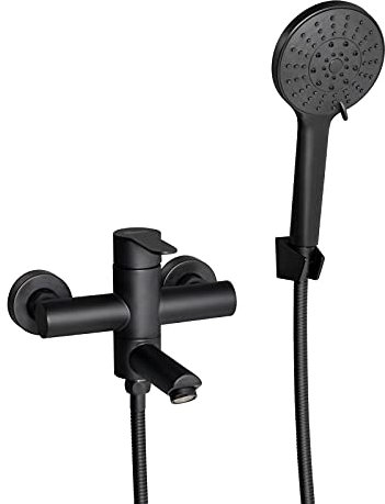 PHASAT Wandmontage Badewannenarmatur Badewannenarmaturen mit Handbrause Schwarzer Wasserhahn für Badezimmer Badewanne 90 ° drehbarer Auslauf BB04E