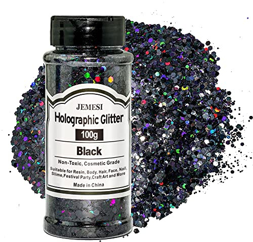 JEMESI Holografiskt chunky glitter, svart 100 g paljetter, för harts, ansikte, spik, kropp, hantverk, smal festival party konst, glitterpulver för naglar