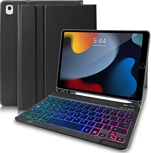 YUEJIDZ Funda Protectora con Teclado Retroiluminado para iPad 10.2 9ª Gen 2021/8ª Gen 2020/7ª Gen 2019, Español Ñ, Teclado Inalámbrico Desmontable para iPad Air 3, iPad Pro 10.5 Negro