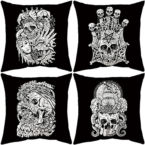 AKIS Home Kissenbezug 45x45cm 4er-Set in Schwarz Farbe mit Totenkopf Muster Kissenbezüge für Sofa Büro Wohnzimmer Wohndeko Coole Kissenhülle…