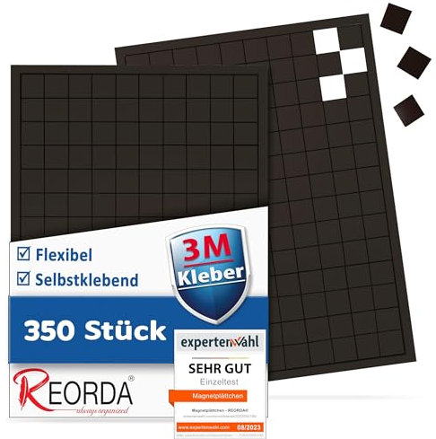 REORDA Magnetplättchen selbstklebend (350 Stück) - Magnetstreifen - 3M Kleber ermöglicht stärkste Klebekraft - Flache Magnete I Magnetfolie selbstklebend