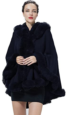 BEAUTELICATE Chal Pelo Mujer Poncho Capa de Piel Sintética Mujer Estola con Capucha de Punto Lana Abrigo Boleros para Bodas Fiesta Navidad Invierno （Azul Marino）