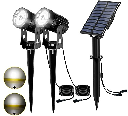 T-SUN 6000K Gartenstrahler Solar Solarstrahler LED Solarlampen für garten | 2-IN-1 Solarlampe mit 2 Helligkeitsstufe, 3 Meter Kabe, IP65 Wasserdicht für Bäume,Sträucher,Gartenweg (Kaltweiß 6000K)