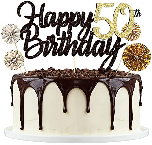 Tortendeko Schwarzes Gold 50th, Happy Birthday Cake Topper, Papierfächer Cupcake, 50. Kuchendeko Tortenstecker für Geburtstag Deko Männer Frauen