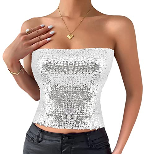 Naimo Damen Glitzer Pailletten Crop Top Ärmellos Schulterfreies Top Sexy Trägerlos Tube Top Bandeau Bustier Rave Oberteil