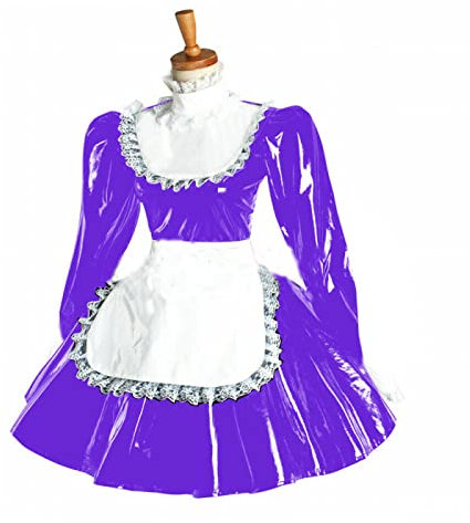 Plus Size Puff Langarm Minikleid Frauen Spitze Schürze Kleid PVC Wetlook Dienstmädchen Kostüm, Lila, XXL