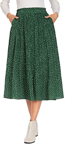Parabler Femme Mousseline Jupe Polka Dot Taille élastique Midi Jupes d'été Longues Vert Foncé M