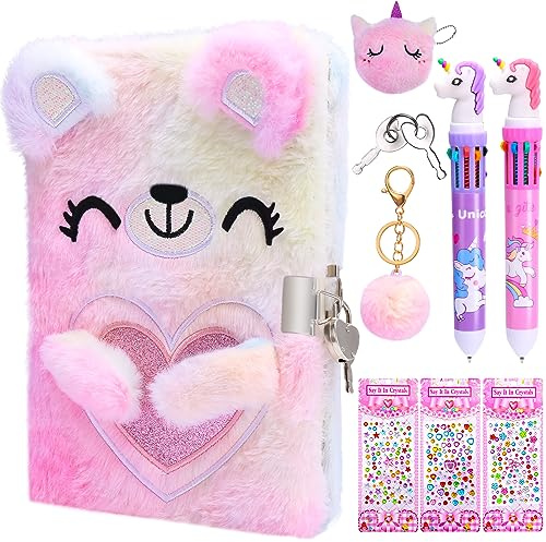 FRIUSATE Notebook and Pen Stationary Sets with Lock Secret Diary for Girls | Pink Stationary Secret Fluffy Gift Sets for Teenager Kids with Coin Purse Keychain Stickers Ballpoint Pen Kids Writing
