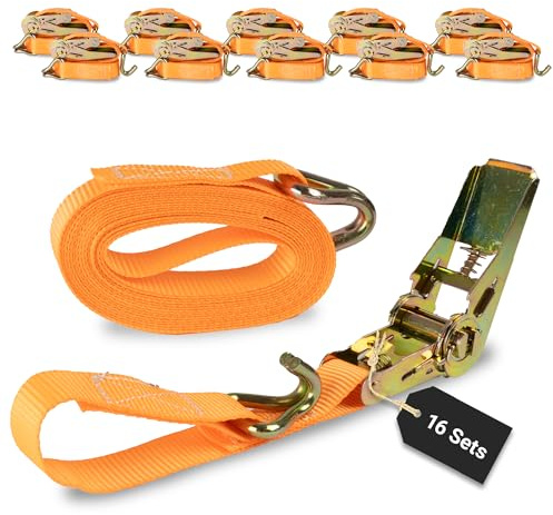 Rapid Spanngurte mit Ratsche 16 Stück - 25mm x 6m zweiteilig/bis zu 800kg belastbarer reißfester Zurrgurt/schnelle und sichere Zurrgurte mit Ratsche orange/Zurrschlaufen für 800 daN (0,8t)