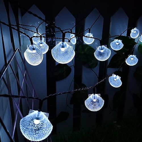 DINOWIN Solar Lichterkette Muscheln 13FT 20LED Wasserdicht 8 Modi Muschelkette Schale Lichterkette Deko für Strand Badezimmer Halloween Hochzeit Deko (Weiß)