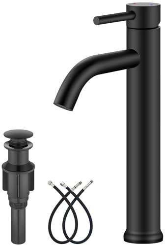 Aolemi Matte Black Vessel Sink Faucet Bathroom Faucet Tall Stainless Steel Bathroom Sink Faucet Single Handle One Hole Round Body with Pop up Drain Basin Bowl Vanity Lavatory Mixer Tap