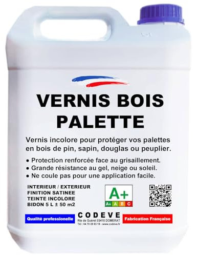Vernis Bois Palette - Codeve Bois - 5 L - Intérieur/extérieur - Pour Protéger Votre Bois De Palette En Pin, Sapin, Douglas Ou Peuplier.