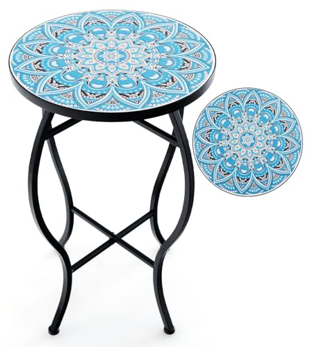 GOPLUS Table d’Appoint en Mosaïque, Table d’Appoint Ronde avec Plateau en Carreaux&Cadre en Métal Robuste, Support pour Plantes, Convient pour Balcon, Terrasse, Jardin, 30X30X50 CM (Bleu+Noir)