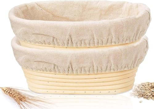 Sthrucrack Banneton, 2 cestini per lievitazione del pane, 25 cm, ovali, con fodera in tessuto di lino, per panettieri artigianali e professionisti