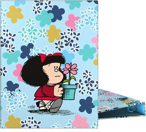 Grafoplás - Cartella ad anelli A5, Mafalda Lively, 4 anelli rotondi 20 mm, plastica morbida, copertina rigida, certificato FSC, perfetto materiale scolastico per note