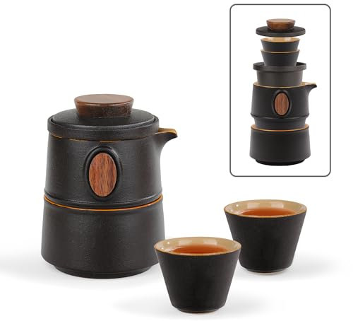 fanquare Tragbares Reiseteeservice mit Etui Porzellan Teeservice Schwarz Chinesische Kung Fu Teekanne mit Infusor Mini Reise Keramik Teekanne 1 Kanne 3 Tassen für Zuhause Büro im Freien