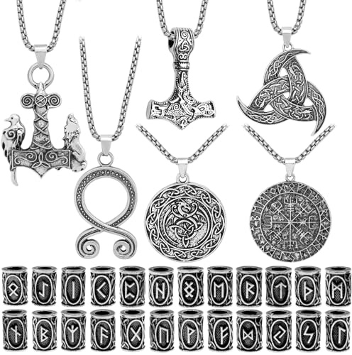 Fscwlmon 30 Pcs Norse Viking Runes Necklace Amulet Protection Pendant Hair Beard Beads Thor Hammer Jewelry for Men Women DIY Dragon