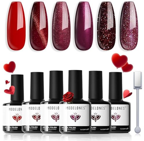 Modelones Cat Eye UV Gel Nagellack Magnet 6 Farbe Rot Glitzer Gel Nagellack Nail Polish Manicure Soak Off UV Nägel Gellack für Nail Art