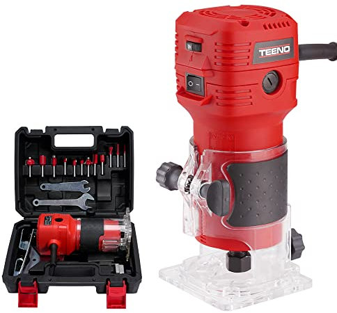 TEENO Router Trimmer 650W with Dust Extraction Connection, Electric Hand Wood Router 15000-32000 RPM with 12PCS 1/4 Router Bit Set, 6 Variable Speeds, Includes Trimmer Base 6/6.35 mm, Carrying Case