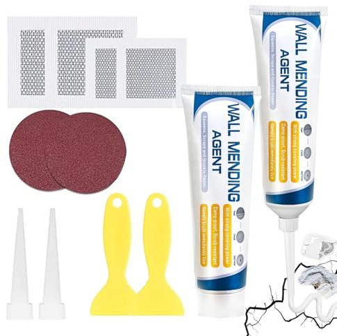 Wall Filler Repair Kit, 2 x 150g Wall Repair Cream (Larger Size), Sandpaper, Scraper, Nozzle Extender, 2 and 4'' Drywall Patch, Fix Nail Holes, Cracks, Peeling Paint, Graffiti & Stains