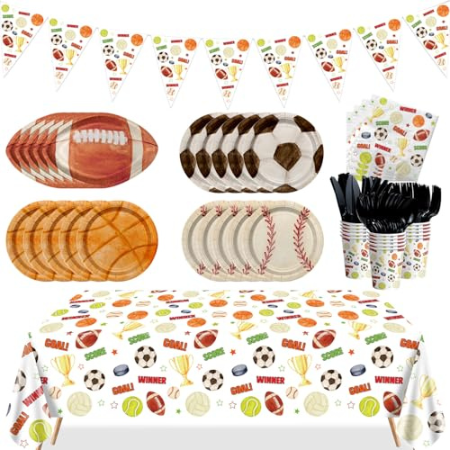 Decoraciones deportivas para fiestas de cumpleaños – Platos temáticos deportivos, servilletas, vasos, pancartas, mantel, juego de vajilla de baloncesto, fútbol, béisbol, fútbol, sirve para 20