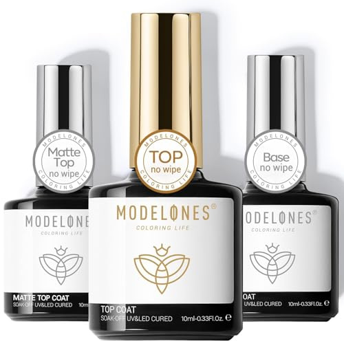 Modelones Base und Top Coat Gel UV Nagellack Set 3 x 10 ml No Wipe Soak Off Unterlack und Überlack mit Matte Top Coat fur Gelnägel Nail Art Nageldesign Maniküre