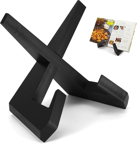 Recipe Book Stand, Wooden Cookbook Holder Hands Free Reading Stand Book Display 6.5 in, Portable Natural Wood Display Stands for Cookery Kitchen Book Tablet Magazines Records, Black