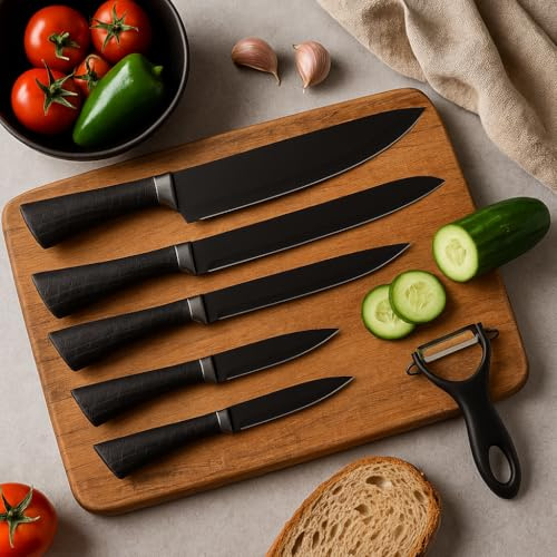LARA MORADA Set Coltelli da Cucina 6 pezzi Acciaio Inox - Antiaderente Lame Affilate Antibatterico - Manici egonomici - Utensili da Cucina Professionali (Nero)