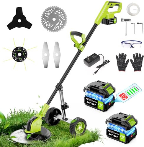 Decespugliatore a Batteria 21V, Tagliabordi a Batteria Brushless con 2 Batterie 3,0Ah, 4 Tipi di Lame, Ruote Rimovibili, Motore Senza Spazzole, Diametro di Taglio di 12 Pollici, per Giardino Potatura