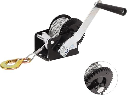 Cabrestante para remolque de barco, de 800 lb, con gancho resistente y cable de acero de 33 pies, con manivela y relación de 3,2:1, con trinquete de 2 vías, para remolque de barco, camión marino, AT