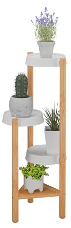 Relaxdays Scaffale Portapiante con 4 Ripiani in Plastica, Scala Portafiori, Supporto Vasi, 78x28x34 cm, bambù, Naturale