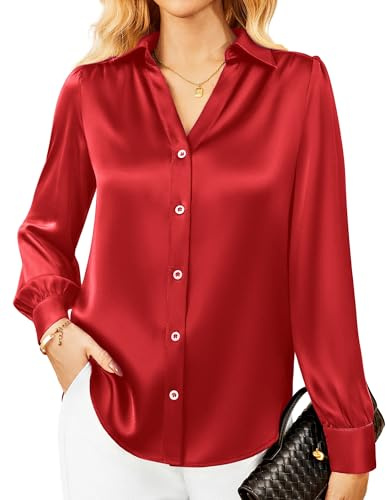 GRACE KARIN Womens Satin Blouse Long Sleeve Silk Shirts Regular Fit Button Down Blouse Office Business Casual Ladies Tops Red S