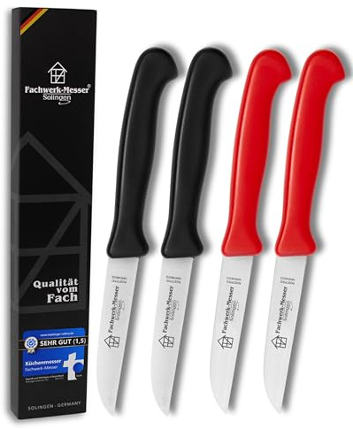 Fachwerk Gemüsemesser 4er Set – Küchenmesser aus Solingen, 7,5 cm Klinge, 2x rot & 2x schwarz – scharfes Schälmesser aus rostfreiem Edelstahl – Qualitätsmesser Made in Germany