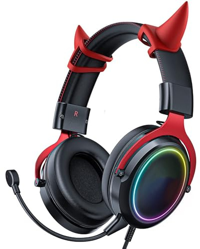 Denash Katzenohr -Kopfhörer, Verkabeltes RGB -Gaming -Headset mit Mikrofon, Leuchtende Geräuschreduktion über Ohr -süße Kopfhörer für Spieler (Schwarz Rot)