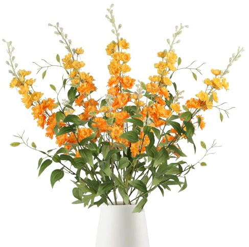 IPOPU 9Pcs Orange Artificial Delphinium Flowers Combo Clematis Greenery Stems, 33.5 Long Stem Larkspur for Wedding Centerpieces, Bridal Bouquet, Home Party Table Decor (Orange)