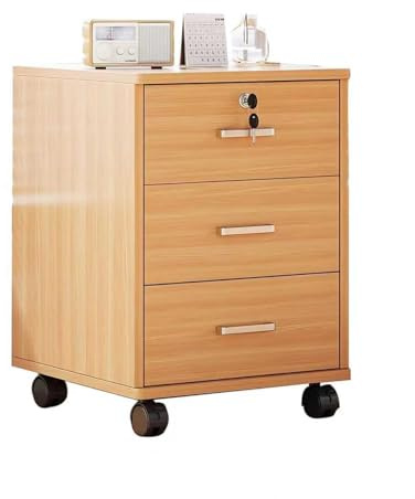 HUGGWRT Kontorsskåp med 3 lådor vitt – säkerhetslås, 4 svängbara hjul, av trä, perfekt under skrivbordet, lämpligt för A4-ark/brev/filmappar (Rustic oak)