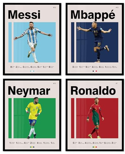 A ART·ZONE Fußballposter, gerahmt, Leinwand, 20,3 x 25,4 cm, Messi, Ronaldo, Mbape und Neymar, berühmte Fußball-Superstar-Poster, Sportdekoration für Jungen-Schlafzimmer, Wandkunst