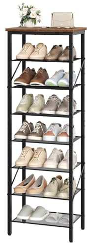 MAHANCRIS Schuhregal, 8 Ebenen, Vertikales Schuhregal für 14-16 Paar Schuhe, Schmal Schuhschrank, Schuhorganizer für Flur, Eingangsbereich, Metall, Industrie-Stil, Braun und Schwarz ASRHR08401