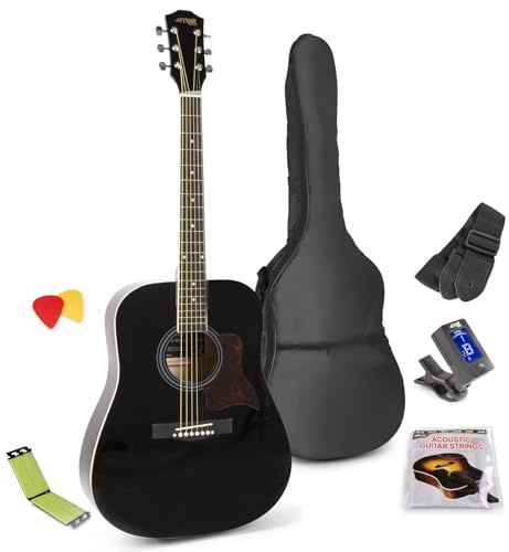Max SoloJam Western Acoustic Guitar Starter Pack with String Cleaning Tool – Full Size Steel String Dreadnought Beginner Kit, Gig Bag, Tuner, Picks, Accessory Set, Microfibre Cleaner, Black Finish