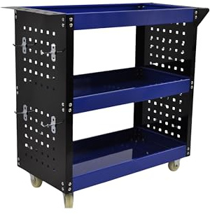 Carro de Taller Profesional 3 Baldas con Paneles Laterales y Ganchos – Azul/Negro – 700×350×760 mm – Carro Herramientas con Ruedas Maniobrable