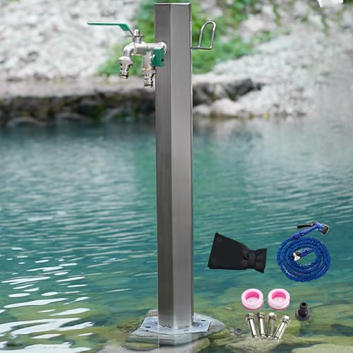 Zuiquity Fontana da Giardino Esterno Verticale Esagonale in Acciaio Inox 304, Colonna Acqua Giardino Rubinetto antigelo con Doppia Uscita in Rame(Size:8 * 20in)