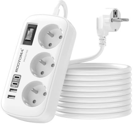 Rallonge Electrique 3M avec 4 USB (2 USB-C), Multiprise 3 Prises | Avec Interrupteur Anti-Surcharge, Parafoudre et Fixation Murale pour la maison et le bureau, 16A 4000W