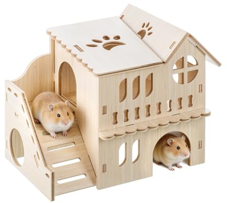 IONEKIUK Wooden Hamster House with Platform Hideout, Hamster Accessories | 2-Story Multi Chamber Habitat for Syrian Dwarf Hamsters Gerbils Mice