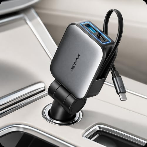 Chargeur Voiture USB C 72W câble rétractable 75cm 3 Ports PD45W | Câble Type C 45W USB C 15W USB A 12W orientable à 180° pour véhicules 12V 24V avec lumière bleue